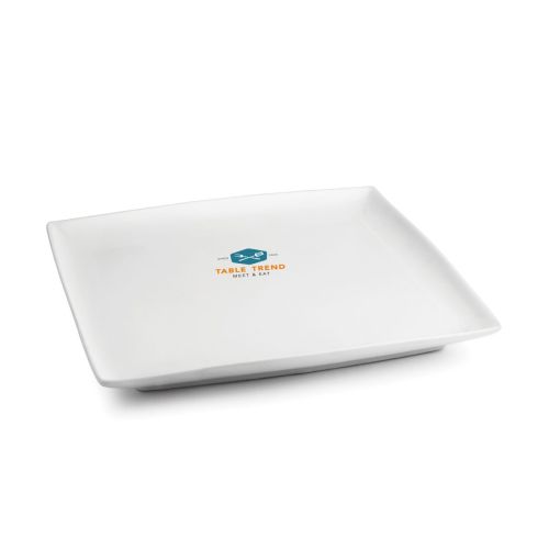 Teller Quadratisch Squito 26 cm aus Porzellan mit mehrfarbigem TableTrend-Logo auf der Vorderseite.