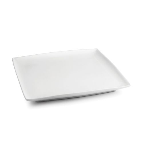 Teller Quadratisch Squito 26 cm aus weißem Porzellan, Vorderansicht, mit breiter und flacher Servierfläche.