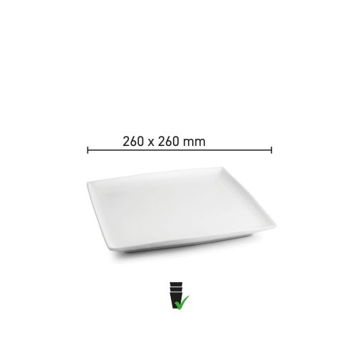 Teller Quadratisch Squito 26 cm mit Infografik der Produktabmessungen und Größenanzeige.