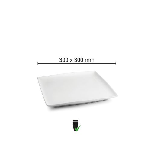 Infografik mit den Abmessungen des Teller Quadratisch Squito 30 cm aus Porzellan.