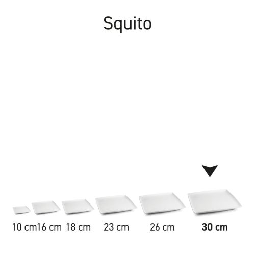 Serie von quadratischen Squito-Tellern aus Porzellan, Übersicht über mehrere Exemplare in verschiedenen Größen zusammen.