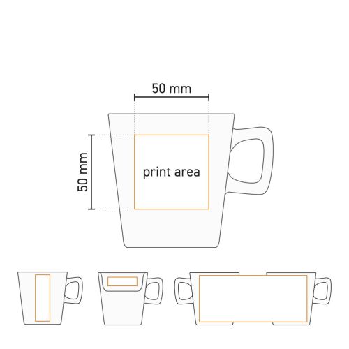Die Arbeitszeichnung zeigt den Druckbereich auf der Vorderseite des Calvin-Bechers 29 cl. Porzellan.