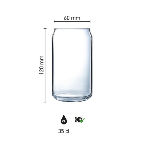 Infografik von Can Glas 35 cl. mit klaren Produktabmessungen und Kapazitätsmaß.