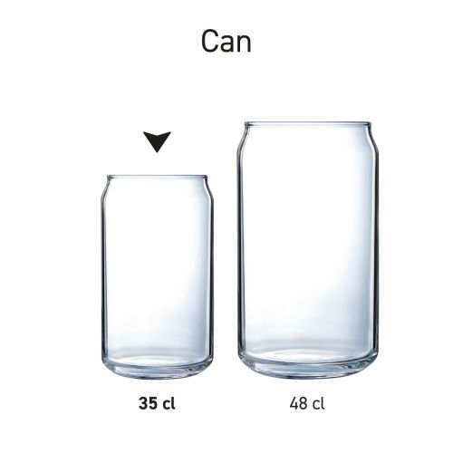 Can Glas 35 cl. das als Serie mit mehreren identischen Trinkgläsern mit unterschiedlichem Fassungsvermögen präsentiert wird.