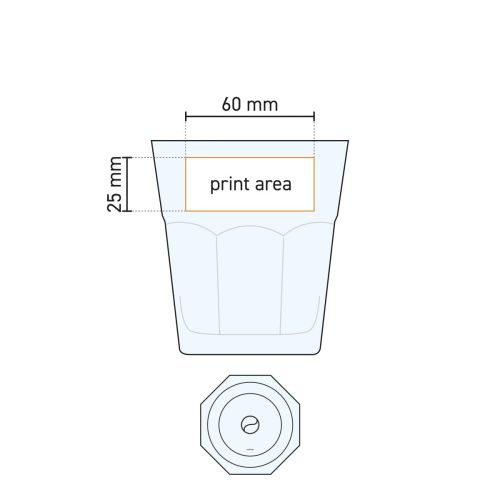 Arbeitszeichnung des Casablanca Rocks Glas 35 cl. mit Angabe der Druckfläche für Logos.