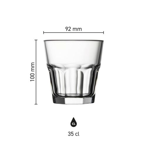 Infografik mit den Produktabmessungen des Casablanca Rocks Glas 35 cl, einschließlich Höhe und Durchmesser.