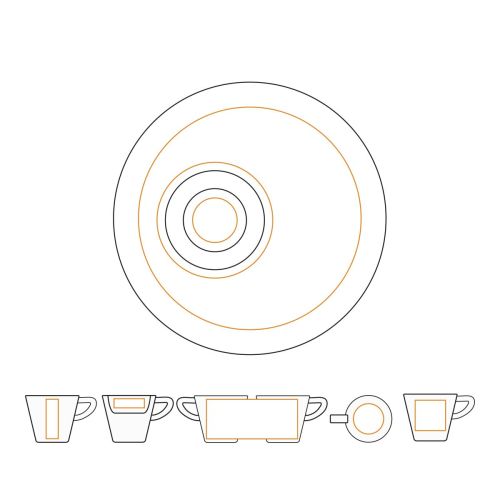 Arbeitszeichnung der Delta Cappuccinotasse 20 cl aus Porzellan mit vorgesehenem Druckbereich für das Logo auf der Cappuccinotasse.