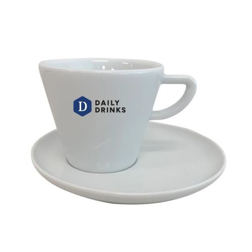 Porzellan Delta Cappuccinotassen-Set 20 cl. mit mehrfarbigem Logo auf der Vorderseite der Cappuccinotasse.