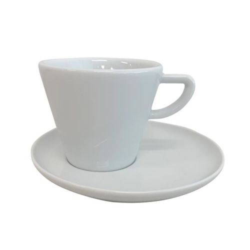 Vorderansicht von Delta Cappuccino Tasse und Untertasse Set 20 cl. aus Porzellan, Cappuccinotasse mit rundem Ohr und Untertasse.