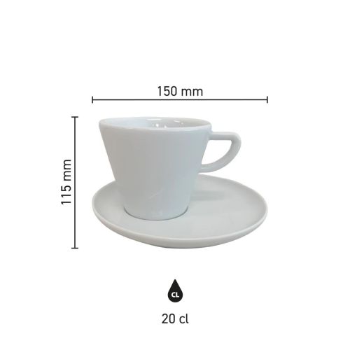 Infografik mit Produktabmessungen der Delta Cappuccinotasse 20 cl Porzellan, mit Höhe und Durchmesser von Tasse und Untertasse.