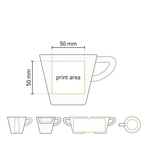 Arbeitszeichnung der Delta Cappuccinotasse 20 cl Porzellan mit markierter Druckfläche auf der Tasse für die Platzierung des Logos.