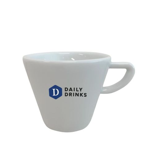 Porzellan Delta Cappuccino Tasse 20 cl mit DailyDrinks Logo in mehreren Farben auf der Vorderseite, geräumige Tasse für Cappuccino.