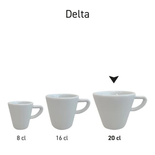 Serienanordnung der Delta Cappuccinotasse 20 cl Porzellan, mehrere Delta Tassen nebeneinander aus der gleichen Geschirrserie.