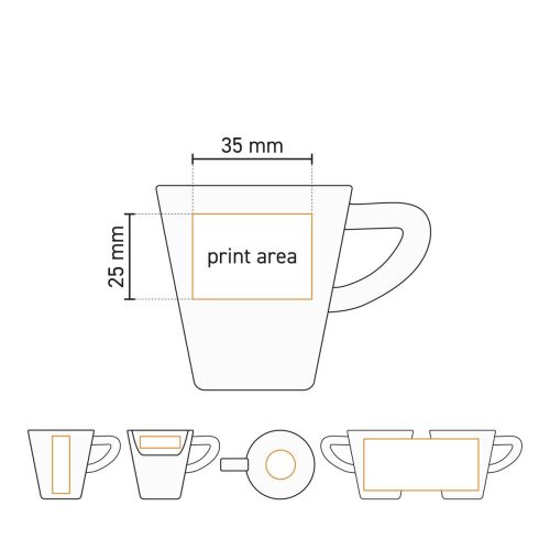 Technische Zeichnung des Espresso-Sets Delta 8 cl aus Porzellan mit Druckfläche für das Logo auf der Tasse.