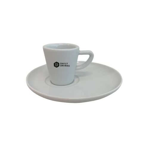 Delta Espresso-Set 8 cl aus Porzellan mit einfarbigem DailyDrinks-Logo auf der Tasse, Espressotasse und Untertasse für Kaffeeservice.