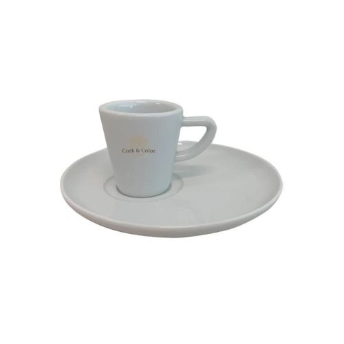 Porzellan Delta Espresso Set 8 cl mit CorkColor Logo in mehreren Farben auf der Tasse, Espressotasse mit passender Untertasse.