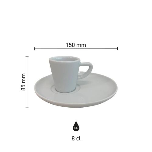Infografik mit Produktabmessungen des Delta Espresso-Sets 8 cl Porzellan, Übersicht der Tasse und Untertasse mit Höhe und Durchmesser.