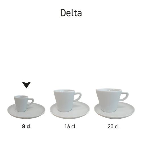 Delta Espressoset 8 cl. Porzellan in Serie präsentiert, mehrere Tassen- und Untertassensätze nebeneinander angeordnet.