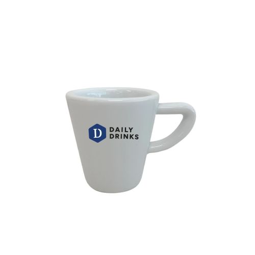 Porzellan Delta Espressotasse 8 cl mit DailyDrinks-Logo in mehreren Farben auf der Vorderseite, kompakte Kaffeetasse für Espresso.