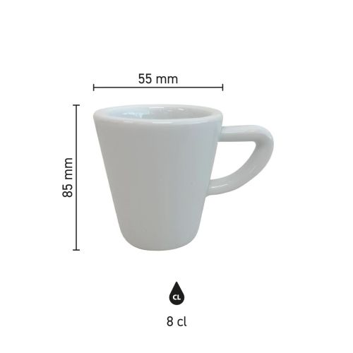 Infografik mit den Produktabmessungen der Delta Espressotasse 8 cl Porzellan, Übersicht über Höhe, Durchmesser und Fassungsvermögen der Kaffeetasse.