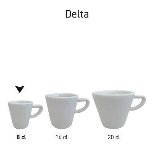 Delta Espressotasse 8 cl Porzellan in Serie präsentiert, mehrere Espressotassen aus der gleichen Service-Linie nebeneinander angeordnet.