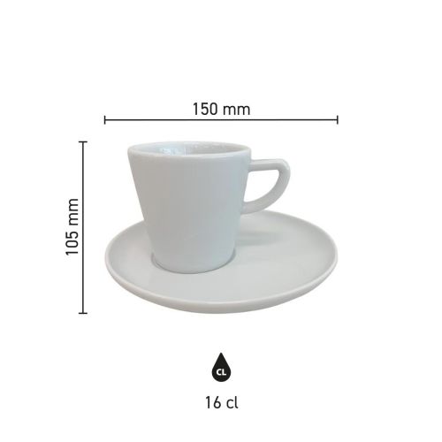 Infografik mit den Produktabmessungen von Delta Kaffeetasse 16 cl Set aus Porzellan, einschließlich Höhe und Durchmesser.