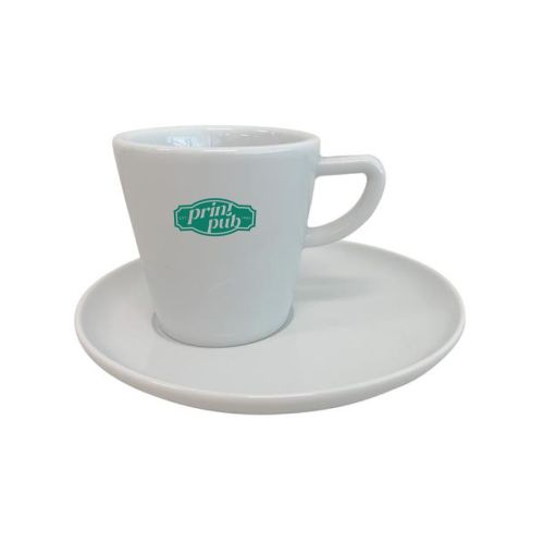 Delta coffee SET 16 cl mit einfarbigem Logo auf der Vorderseite, bedruckte Kaffeetasse mit Untertasse.