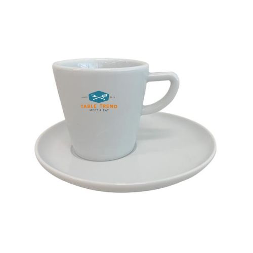 Delta Kaffeetasse 16 cl Porzellanset mit einfarbigem Logo auf der Vorderseite, bedruckte Kaffeetasse mit Untertasse.