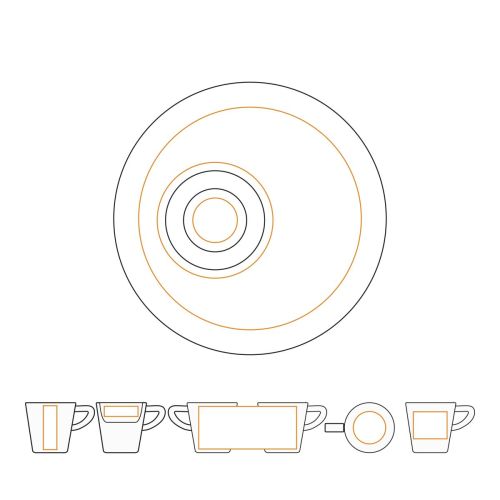 Technische Arbeitszeichnung der Delta Kaffeetasse 16 cl Porzellan mit markierter Druckfläche für das Logo.