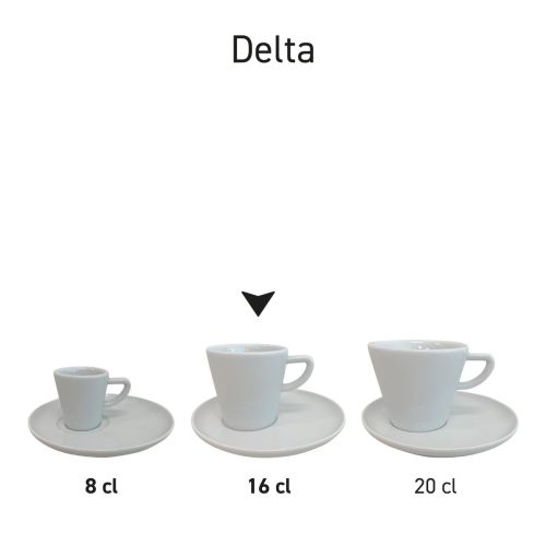 Serie von Kaffeesets aus Delta-Porzellan, mehrere Kaffeesets nebeneinander.