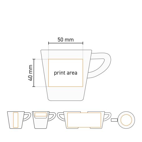 Technische Arbeitszeichnung der Delta Kaffeetasse 16 cl Porzellan mit markierter Druckfläche für das Logo auf der Außenseite der Tasse.