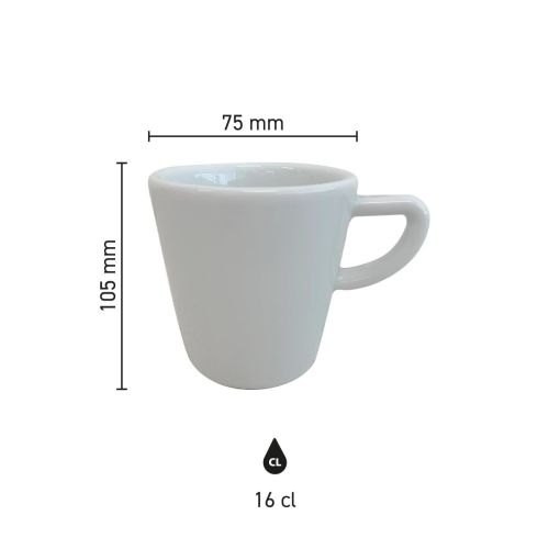 Infografik mit den Produktabmessungen der Delta Kaffeetasse 16 cl Porzellan, Übersicht über Höhe, Durchmesser und Fassungsvermögen der Kaffeetasse.