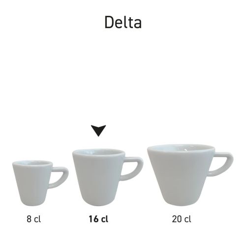 Serienanordnung von Delta-Porzellan-Kaffeetassen, mehrere Kaffeetassen nebeneinander als Teil einer einheitlichen Geschirrserie.