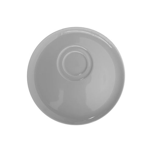 Vorderansicht der Delta Untertasse 15 cm aus weißem Porzellan mit flachem Rand, runde Porzellanuntertasse für Kaffee oder Espressotasse.