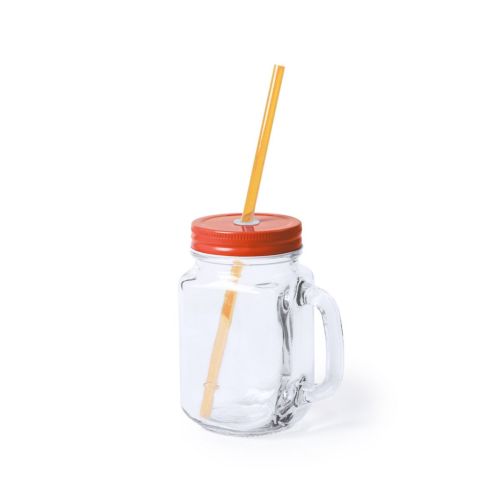 Drink Jar Country 48 cl Glas mit orangem Deckel in Vorderansicht, transparentes Mason jar 48 cl.