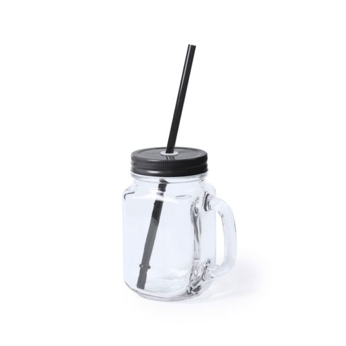 Drink Jar Country 48 cl Glas mit schwarzem Frontdeckel, transparenter Trinkbecher mit Schraubdeckel.