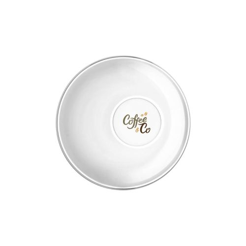 Easy Bar Espresso untertasse 14 cm aus Glas mit CoffeeCo-Logo in mehreren Farben auf der Vorderseite.