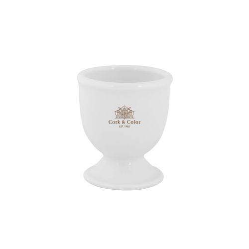 Eierbecher Essentials mit CorkColor-Logo in einer Farbe auf der Vorderseite, weißes Geschirr mit Druck.