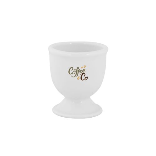 Eierbecher Essentials mit CoffeeCo-Logo in mehreren Farben auf der Vorderseite, weißes Geschirr mit Druck.