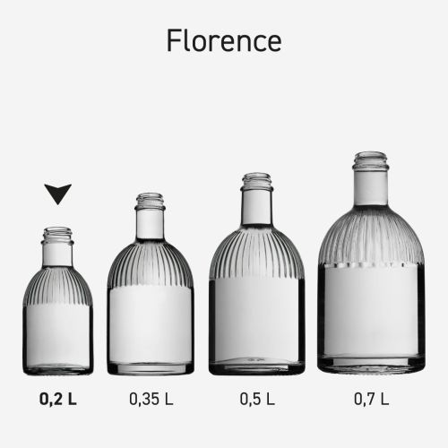 Flaschen Florence als Serie, mehrere Flaschen in einer Linie mit einheitlichem Design angeordnet.