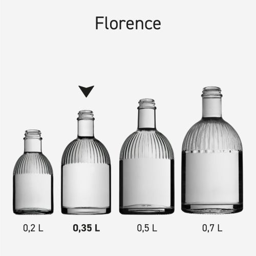 Serie von Flaschen aus Florenz in Glas, die nebeneinander angeordnet sind, um Variationen und Einheitlichkeit zu zeigen.