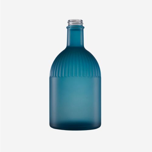 Flasche Florence 0,5 Liter aus blauem Klarglas, in der Vorderansicht dargestellt, um Form und Inhalt der Flasche hervorzuheben.
