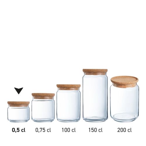 Serie von Gläsern mit Korkdeckeln, dargestellt als Produktserie in einem Übersichtsbild.