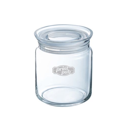 Glass mit Deckel 0,75 Liter und eingraviertem PrintPub-Logo auf der Vorderseite.