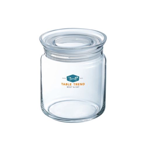 Glass mit Deckel 0,75 Liter und TableTrend-Logo in mehreren Farben auf der Vorderseite.