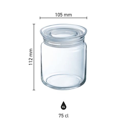 Infografik mit den Abmessungen eines 0,75-Liter-Glasgefäßes mit Deckel, klar und übersichtlich.