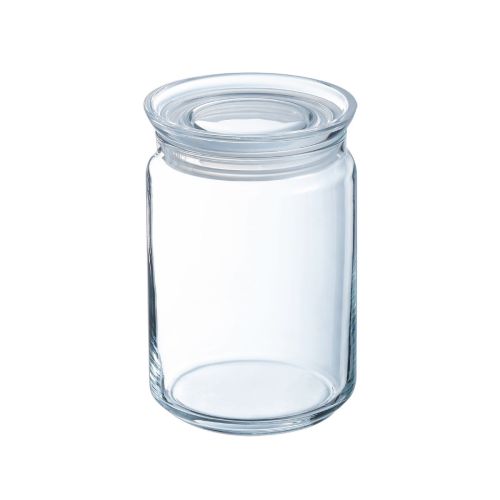 Glass mit Deckel 1 Liter, transparentes Vorratsglas in schlanker Vorderansicht.