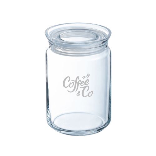 Glass mit Deckel 1 Liter und eingraviertem CoffeeCo-Logo auf der Vorderseite.