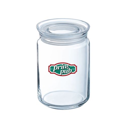 Glass mit Deckel 1 Liter und PrintPub-Logo in mehreren Farben auf der Vorderseite.