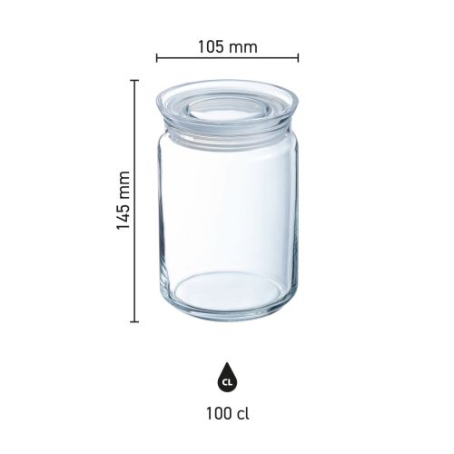 Infografik mit den Abmessungen eines 1-Liter-Glasgefäßes mit Deckel, klar und übersichtlich.